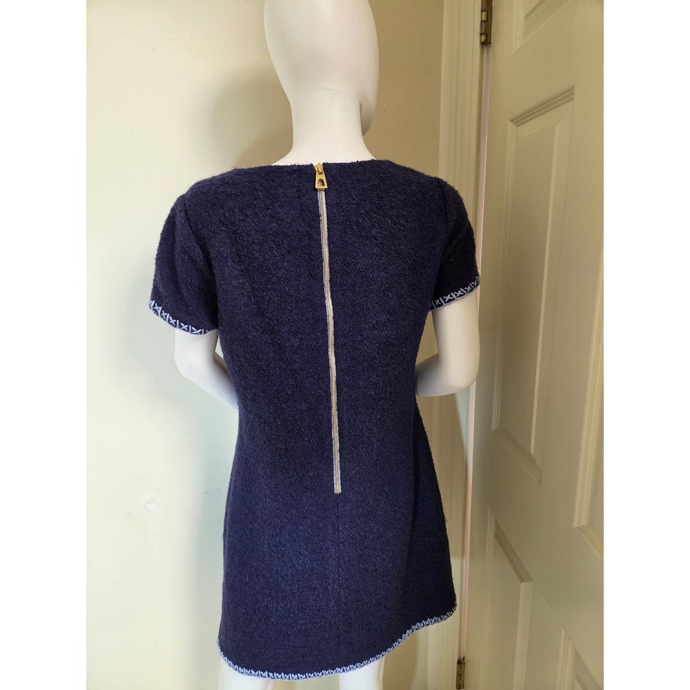 Sail to Sable Navy Blue Wool Blend Boucle Embroidered Shift Dress Size 8 - Picture 7 of 11